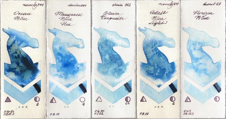 Roman Szmal Aquarius 344 Ocean Blue vs Daniel Smith 051 Manganese Blue Hue vs Shminke Horadam Aquarell 962 Glacier Turquoise vs 411 Cobalt Blue Light vs Kuretake Gansai Tambi 69 Horizon Blue watercolor swatch