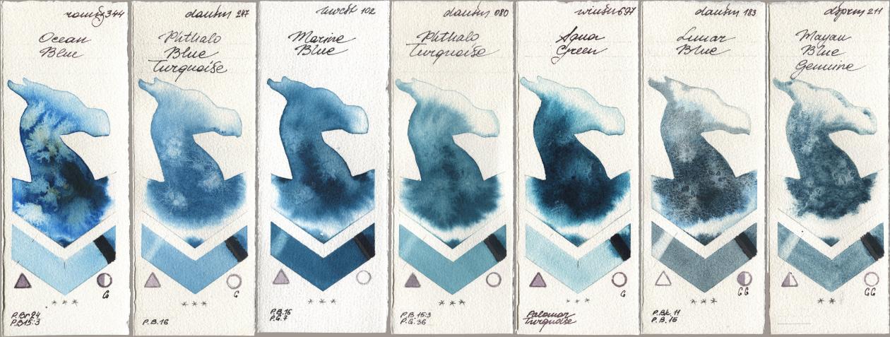 Roman Szmal Aquarius 344 Ocean Blue, Daniel Smith 247 Phthalo Blue Turquoise, Holbein Artists Watercolor 102 Marine Blue, 080 Phthalo Turquoise, Winsor & Newton Professional 697 Aqua Green, 183 Lunar Blue, 211 Mayan Blue Genui watercolor swatch