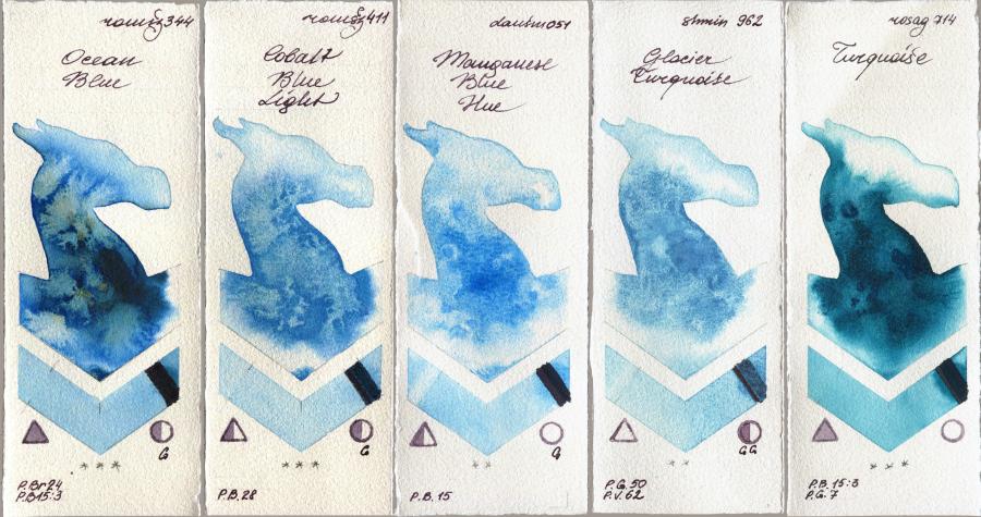 Roman Szmal Aquarius 344 Ocean Blue vs 411 Cobalt Blue Light vs Daniel Smith 051 Manganese Blue Hue vs Shminke Horadam Aquarell 962 Glacier Turquoise vs Rosa Gallery 714 Turquiose watercolor swatch