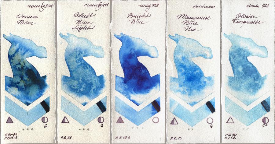 Roman Szmal Aquarius 344 Ocean Blue vs 411 Cobalt Blue Light vs Rosa Gallery 729 Bright Blue vs Daniel Smith 051 Manganese Blue Hue vs Shminke Horadam Aquarell 962 Glacier Turquoise watercolor swatch