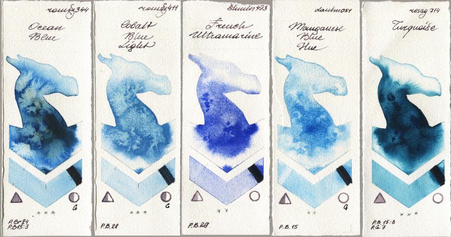 Roman Szmal Aquarius 344 Ocean Blue vs 411 Cobalt Blue Light vs Shminke Horadam Aquarell 493 French Ultramarine vs Daniel Smith 051 Manganese Blue Hue vs Rosa Gallery 714 Turquiose watercolor swatch