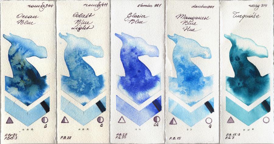 Roman Szmal Aquarius 344 Ocean Blue vs 411 Cobalt Blue Light vs Shminke Horadam Aquarell 961 Glacier Blue vs Daniel Smith 051 Manganese Blue Hue vs Rosa Gallery 714 Turquiose watercolor swatch