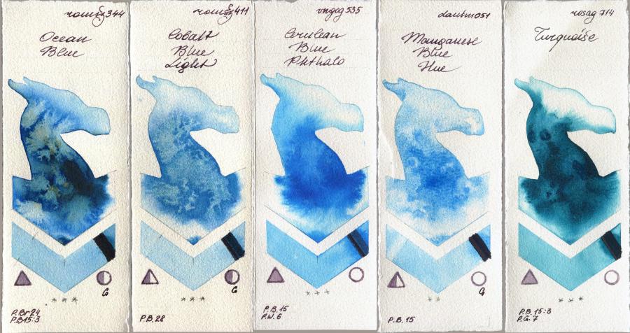 Roman Szmal Aquarius 344 Ocean Blue vs 411 Cobalt Blue Light vs Royal Talens Van Gogh Watercolour 535 Cerulean Blue Phthalo vs Daniel Smith 051 Manganese Blue Hue vs Rosa Gallery 714 Turquiose watercolor swatch
