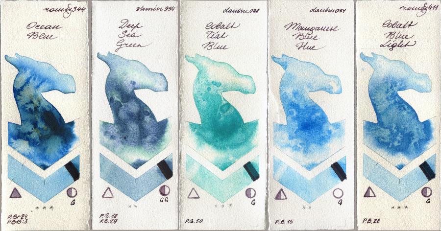 Roman Szmal Aquarius 344 Ocean Blue vs Shminke Horadam Aquarell 954 Deep Sea Green vs Daniel Smith 028 Cobalt Teal Blue vs 051 Manganese Blue Hue vs 411 Cobalt Blue Light watercolor swatch