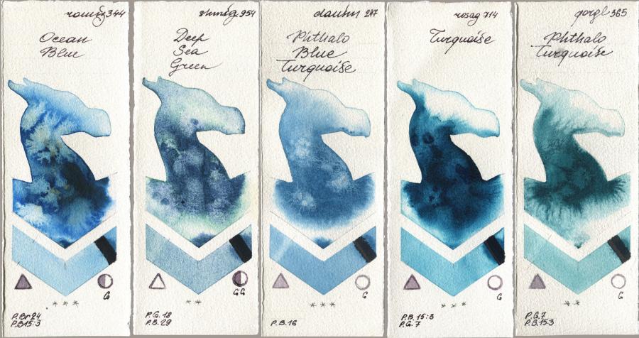 Roman Szmal Aquarius 344 Ocean Blue, Shminke Horadam Aquarell 954 Deep Sea Green, Daniel Smith 247 Phthalo Blue Turquoise, Rosa Gallery 714 Turquoise, Golden QOR 365 Phthalo Turquoi watercolor swatch