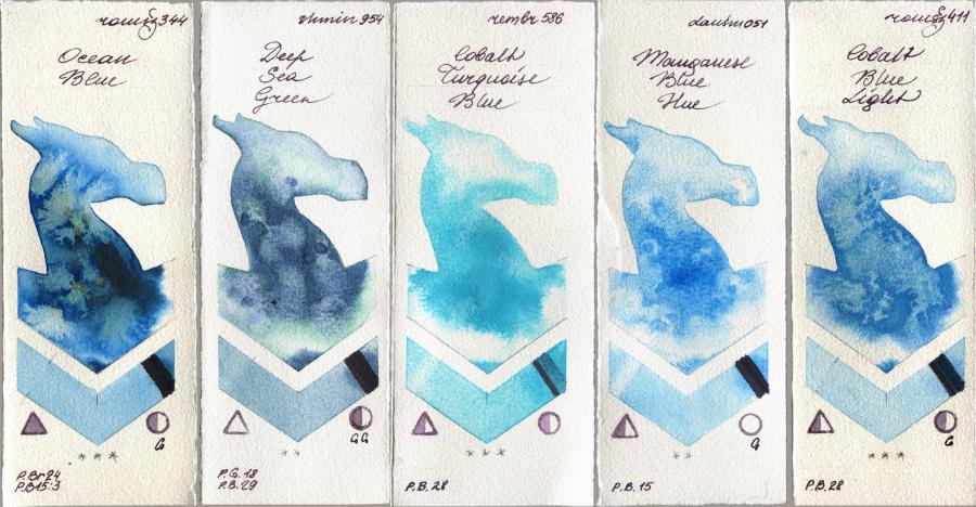 Roman Szmal Aquarius 344 Ocean Blue vs Shminke Horadam Aquarell 954 Deep Sea Green vs Royal Talens Rembrandt Watercolour 586 Cobalt Turquoise Blue vs Daniel Smith 051 Manganese Blue Hue vs 411 Cobalt Blue Light watercolor swatch