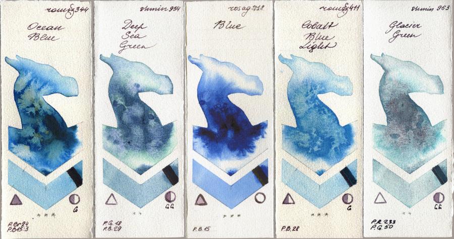 Roman Szmal Aquarius 344 Ocean Blue vs Shminke Horadam Aquarell 954 Deep Sea Green vs Rosa Gallery 718 Blue vs 411 Cobalt Blue Light vs 963 Glacier Green watercolor swatch