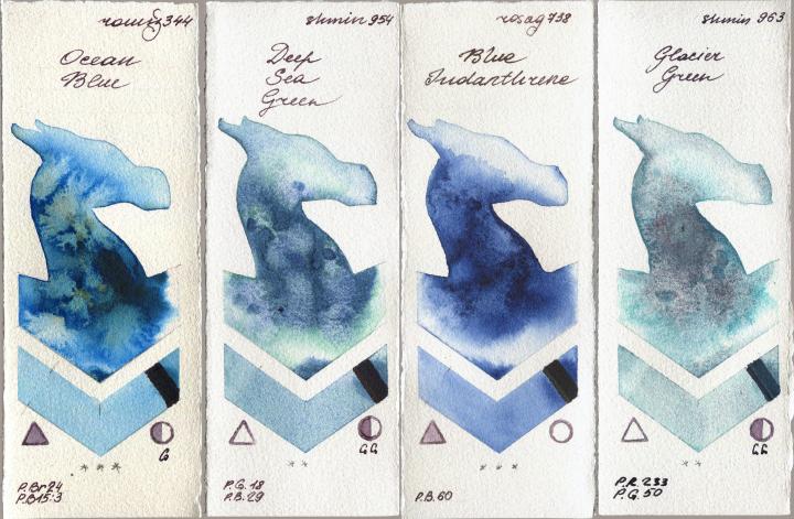 Roman Szmal Aquarius 344 Ocean Blue vs Shminke Horadam Aquarell 954 Deep Sea Green vs Rosa Gallery 738 Blue Indanthrone vs 963 Glacier Green watercolor swatch