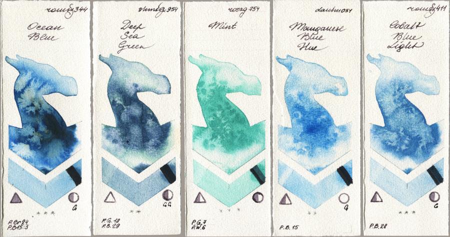 Roman Szmal Aquarius 344 Ocean Blue vs Shminke Horadam Aquarell 954 Deep Sea Green vs Rosa Gallery 754 Mint vs Daniel Smith 051 Manganese Blue Hue vs 411 Cobalt Blue Light watercolor swatch