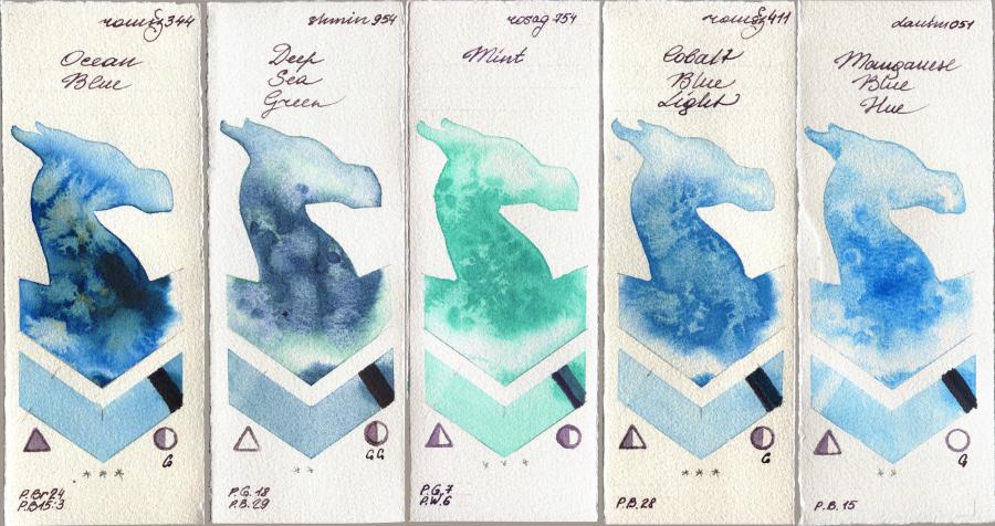 Roman Szmal Aquarius 344 Ocean Blue vs Shminke Horadam Aquarell 954 Deep Sea Green vs Rosa Gallery 754 Mint vs 411 Cobalt Blue Light vs Daniel Smith 051 Manganese Blue Hue watercolor swatch