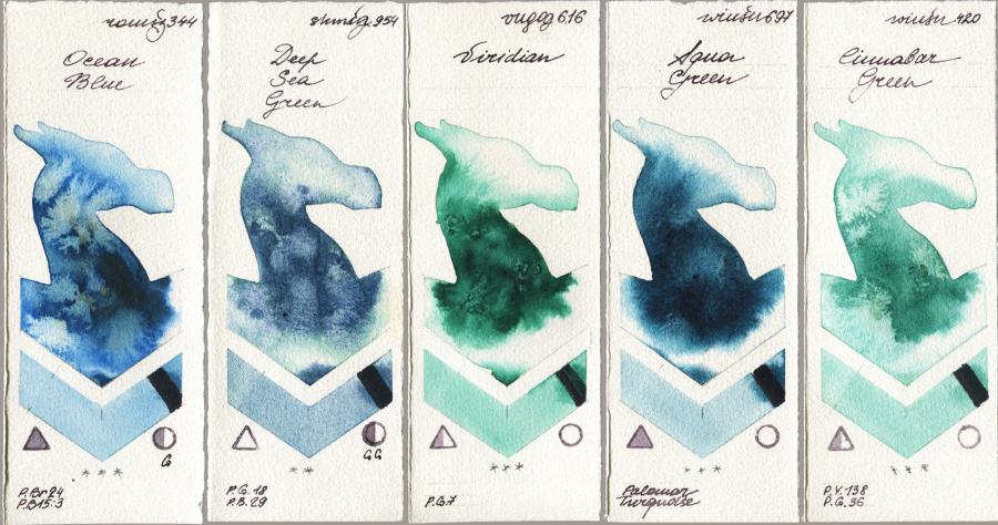 Roman Szmal Aquarius 344 Ocean Blue vs Shminke Horadam Aquarell 954 Deep Sea Green vs Royal Talens Van Gogh Watercolour 616 Viridian vs Winsor & Newton Professional 697 Aqua Green vs 420 Cinnabar Green watercolor swatch