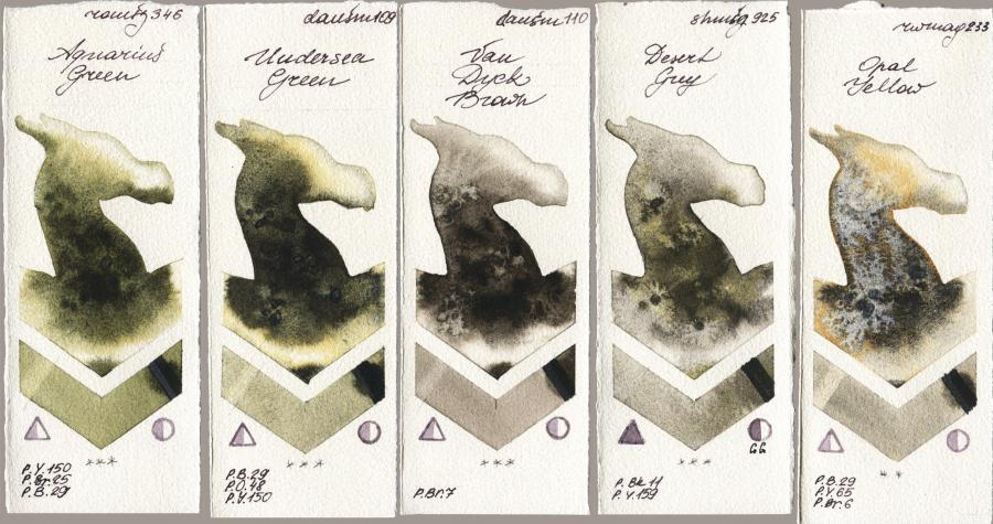 Roman Szmal Aquarius 346 Aquarius Green vs Daniel Smith 109 Undersea Green vs 110 Van Dyck Brown vs Shminke Horadam Aquarell 925 Desert Grey vs Rockwell 233 Opal Yellow watercolor swatch