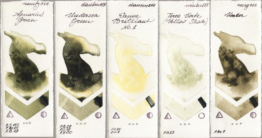 Roman Szmal Aquarius 346 Aquarius Green vs Daniel Smith 109 Undersea Green vs 256 Jaune Brilliant No 1 vs Winsor & Newton Professional 638 Terre Verte (Yellow Shade) vs Rosa Gallery 722 Umber watercolor swatch