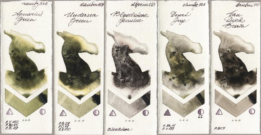 Roman Szmal Aquarius 346 Aquarius Green vs Daniel Smith 109 Undersea Green vs 193 Bloodstone Genuine vs Shminke Horadam Aquarell 925 Desert Grey vs 110 Van Dyck Brown watercolor swatch