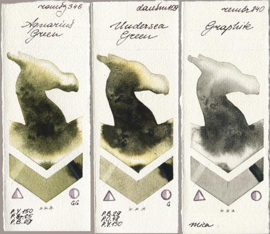 Roman Szmal Aquarius 346 Aquarius Green, Daniel Smith 109 Undersea Green, Royal Talens Rembrandt Watercolour 840 Graphi watercolor swatch