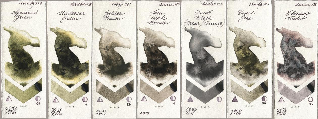 Roman Szmal Aquarius 346 Aquarius Green, Daniel Smith 109 Undersea Green, Rosa Gallery 761 Golden Brown, 110 Van Dyck Brown, 250 Janes Black (Blue/Orange), Shminke Horadam Aquarell 925 Desert Grey, 188 Shadow Viol watercolor swatch