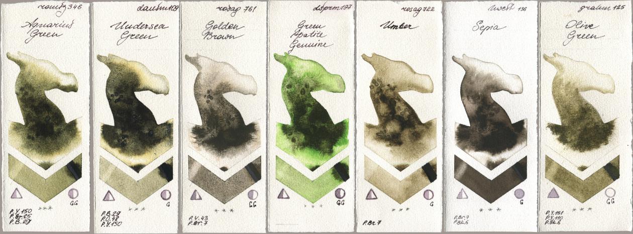 Roman Szmal Aquarius 346 Aquarius Green, Daniel Smith 109 Undersea Green, Rosa Gallery 761 Golden Brown, 197 Green Apatite Genuine, 722 Umber, Holbein Artists Watercolor 136 Sepia, M. Graham & Co. Artists 125 Olive Gre watercolor swatch