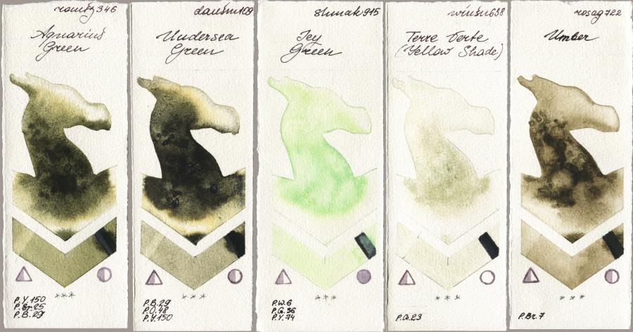 Roman Szmal Aquarius 346 Aquarius Green vs Daniel Smith 109 Undersea Green vs Shminke Akademie Aquarell 915 Icy Green vs Winsor & Newton Professional 638 Terre Verte (Yellow Shade) vs Rosa Gallery 722 Umber watercolor swatch