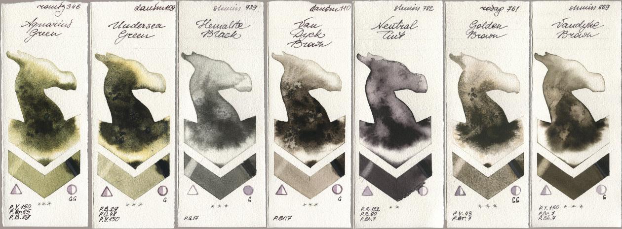 Roman Szmal Aquarius 346 Aquarius Green, Daniel Smith 109 Undersea Green, Shminke Horadam Aquarell 789 Hematite Black, 110 Van Dyck Brown, 782 Neutral Tint, Rosa Gallery 761 Golden Brown, 669 Vandyke Bro watercolor swatch