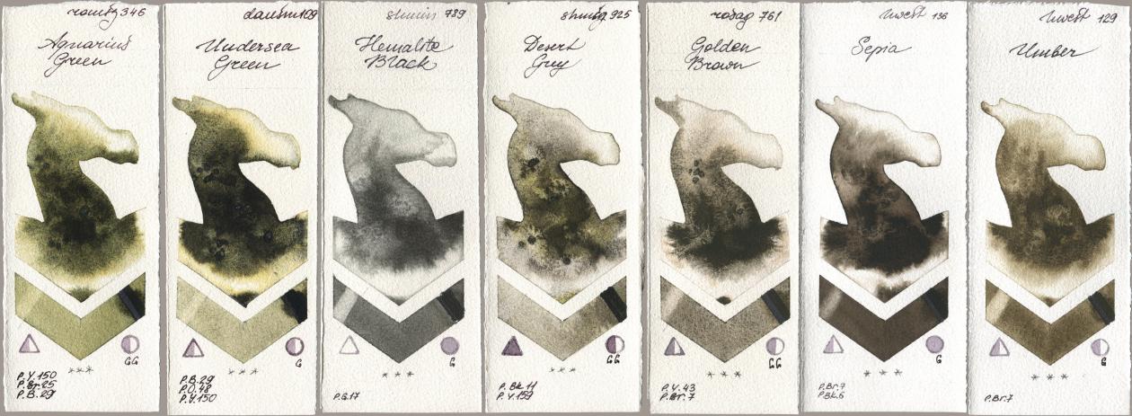 Roman Szmal Aquarius 346 Aquarius Green, Daniel Smith 109 Undersea Green, Shminke Horadam Aquarell 789 Hematite Black, 925 Desert Grey, Rosa Gallery 761 Golden Brown, Holbein Artists Watercolor 136 Sepia, 129 Umb watercolor swatch