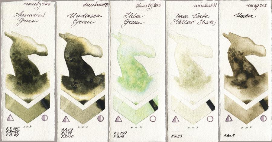 Roman Szmal Aquarius 346 Aquarius Green vs Daniel Smith 109 Undersea Green vs Shminke Horadam Aquarell 933 Shire Green vs Winsor & Newton Professional 638 Terre Verte (Yellow Shade) vs Rosa Gallery 722 Umber watercolor swatch