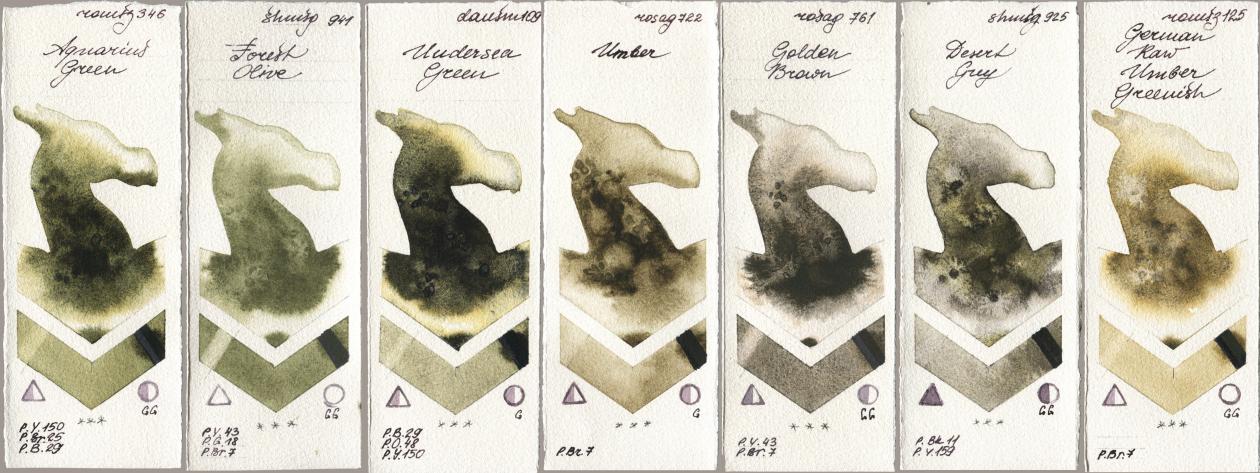 Roman Szmal Aquarius 346 Aquarius Green, Shminke Horadam Aquarell 941 Forest Olive, Daniel Smith 109 Undersea Green, Rosa Gallery 722 Umber, 761 Golden Brown, 925 Desert Grey, 125 German Raw Umber Greeni watercolor swatch