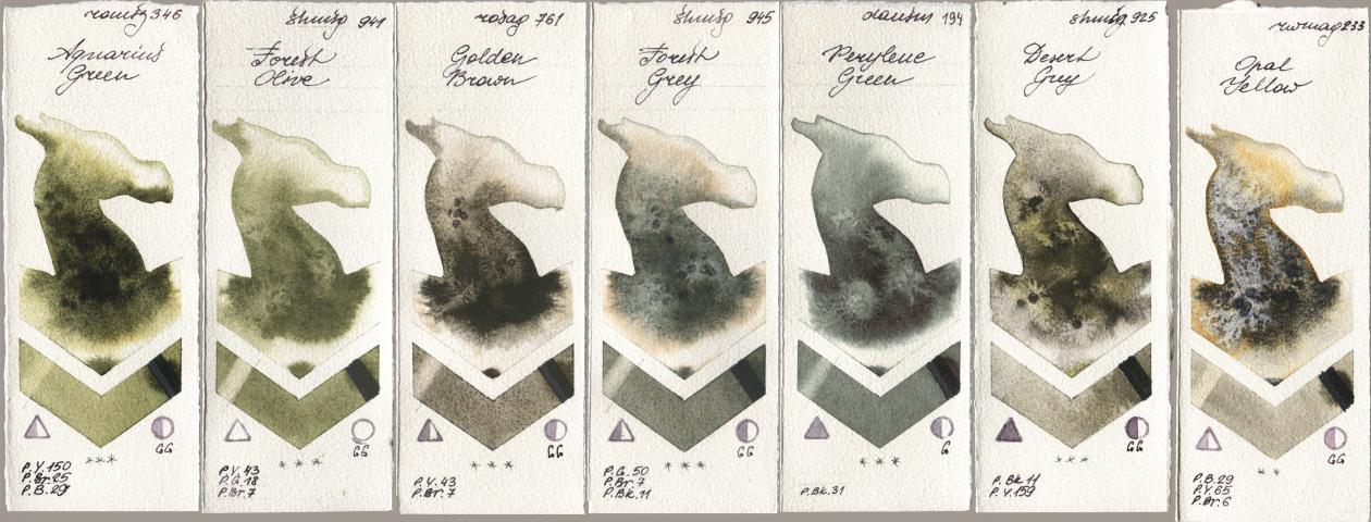 Roman Szmal Aquarius 346 Aquarius Green, Shminke Horadam Aquarell 941 Forest Olive, Rosa Gallery 761 Golden Brown, 945 Forest Grey, Daniel Smith 194 Perylene Green, 925 Desert Grey, Rockwell 233 Opal Yell watercolor swatch