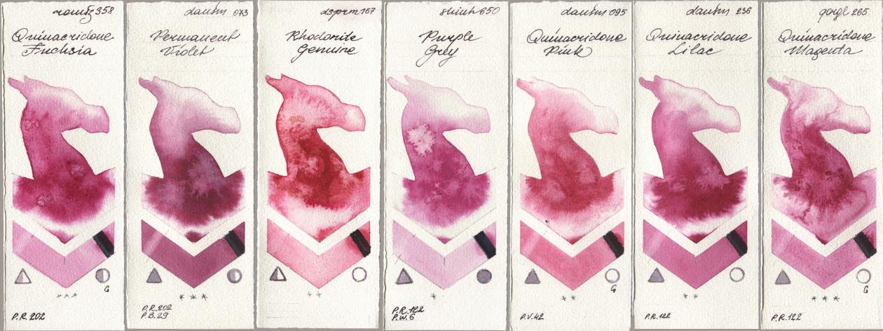 Roman Szmal Aquarius 358 Quinacridone Fuchsia, Daniel Smith 073 Permanent Violet, 167 Rhodonite Genuine, Shinhan PWC 650 Purple Grey, 095 Quinacridone Pink, 236 Quinacridone Lilac, Golden QOR 265 Quinacridone Magen watercolor swatch