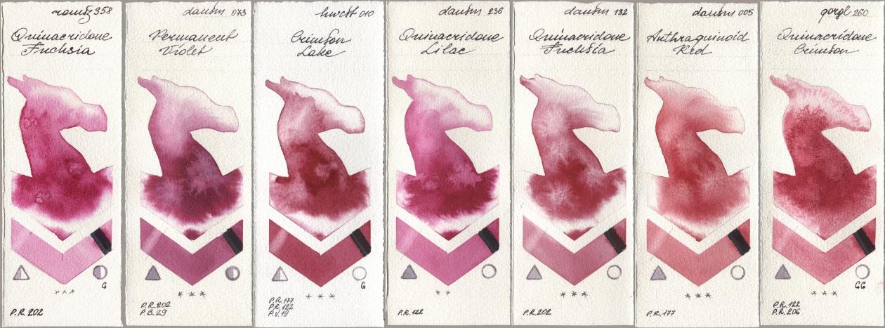 Roman Szmal Aquarius 358 Quinacridone Fuchsia, Daniel Smith 073 Permanent Violet, Holbein Artists Watercolor 010 Crimson Lake, 236 Quinacridone Lilac, 132 Quinacridone Fuchsia, 005 Anthraquinoid Red, Golden QOR 260 Quinacridone Crims watercolor swatch