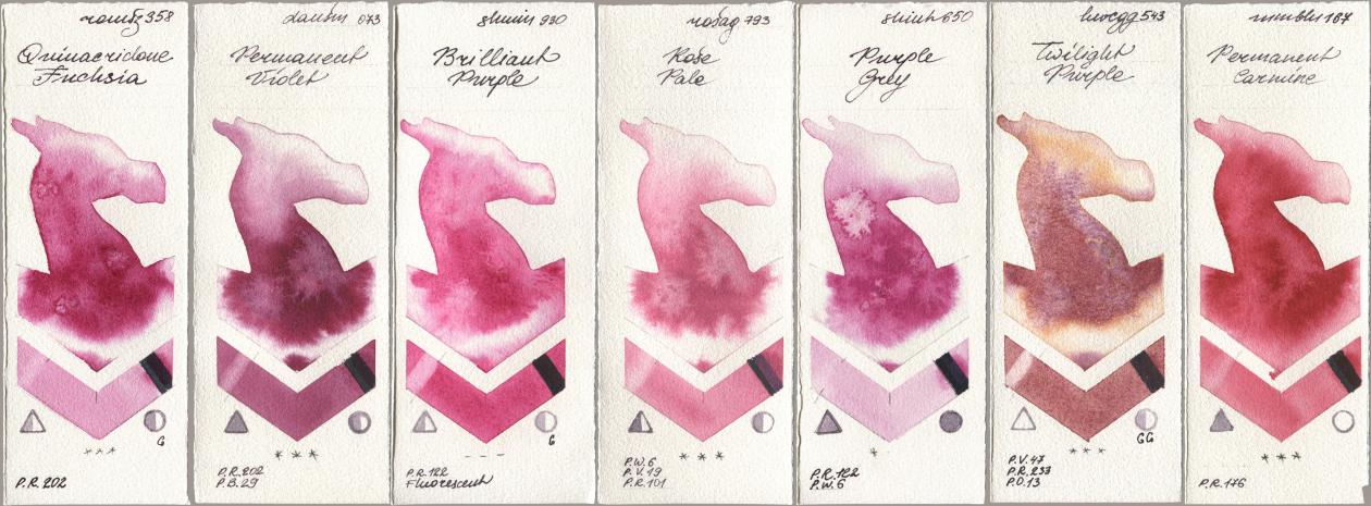Roman Szmal Aquarius 358 Quinacridone Fuchsia, Daniel Smith 073 Permanent Violet, Shminke Horadam Aquarell 930 Brilliant Purple, Rosa Gallery 793 Rose Pale, Shinhan PWC 650 Purple Grey, Holbein Artists Watercolor 543 Twilight Purple, Maimeri Blu 167 Permanent Carmi watercolor swatch