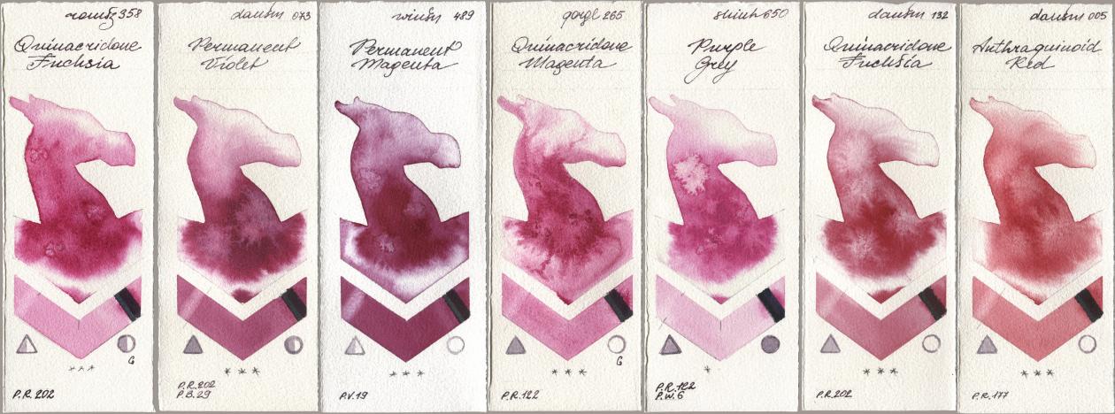 Roman Szmal Aquarius 358 Quinacridone Fuchsia, Daniel Smith 073 Permanent Violet, Winsor & Newton Professional 489 Permanent Magenta, Golden QOR 265 Quinacridone Magenta, Shinhan PWC 650 Purple Grey, 132 Quinacridone Fuchsia, 005 Anthraquinoid R watercolor swatch