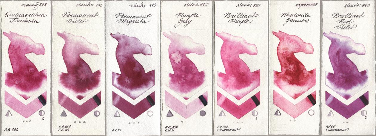 Roman Szmal Aquarius 358 Quinacridone Fuchsia, Daniel Smith 073 Permanent Violet, Winsor & Newton Professional 489 Permanent Magenta, Shinhan PWC 650 Purple Grey, Shminke Horadam Aquarell 930 Brilliant Purple, 167 Rhodonite Genuine, 940 Brilliant Red Viol watercolor swatch