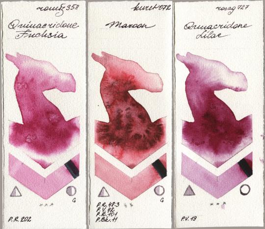 Roman Szmal Aquarius 358 Quinacridone Fuchsia, Kuretake Gansai Tambi 072 Maroon, Rosa Gallery 727 Quinacridone Lil watercolor swatch