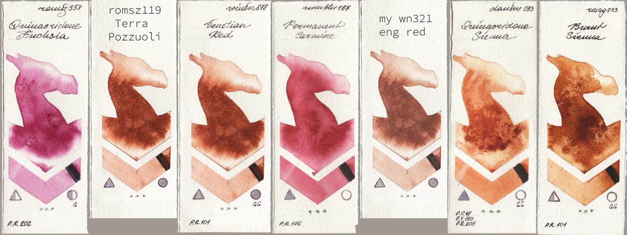 Roman Szmal Aquarius 358 Quinacridone Fuchsia, my 119 pozzuoli, Winsor & Newton Professional 678 Venetian Red, Maimeri Blu 167 Permanent Carmine, 034 eng red, Daniel Smith 093 Quinacridone Sienna, Rosa Gallery 733 Burnt Sien watercolor swatch