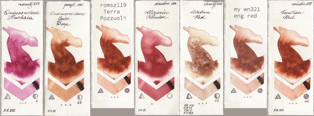Roman Szmal Aquarius 358 Quinacridone Fuchsia, Golden QOR 160 Quinacridone Gold Deep, my 119 pozzuoli, Daniel Smith 004 Alizarin Crimson, Shminke Horadam Aquarell 926 Urban Red, 034 eng red, Winsor & Newton Professional 678 Venetian R watercolor swatch