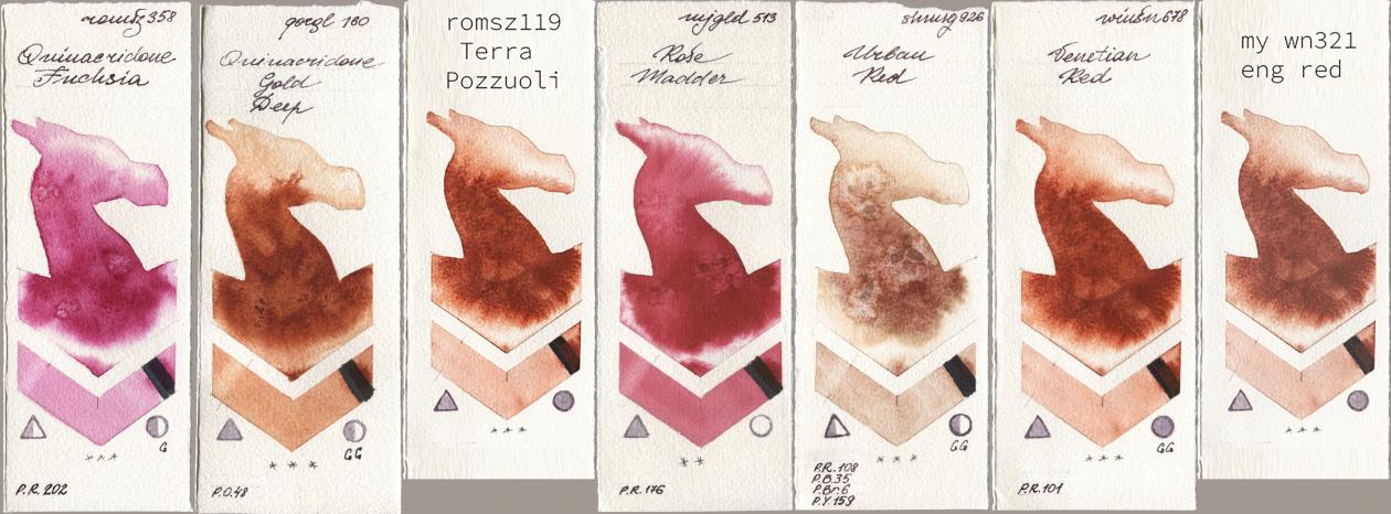Roman Szmal Aquarius 358 Quinacridone Fuchsia, Golden QOR 160 Quinacridone Gold Deep, my 119 pozzuoli, Mijello Mission Gold 513 Rose Madder, Shminke Horadam Aquarell 926 Urban Red, Winsor & Newton Professional 678 Venetian Red, 034 eng r watercolor swatch