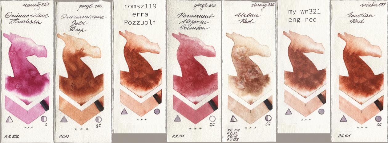 Roman Szmal Aquarius 358 Quinacridone Fuchsia, Golden QOR 160 Quinacridone Gold Deep, my 119 pozzuoli, 240 Permanent Alizarin Crimson, Shminke Horadam Aquarell 926 Urban Red, 034 eng red, Winsor & Newton Professional 678 Venetian R watercolor swatch
