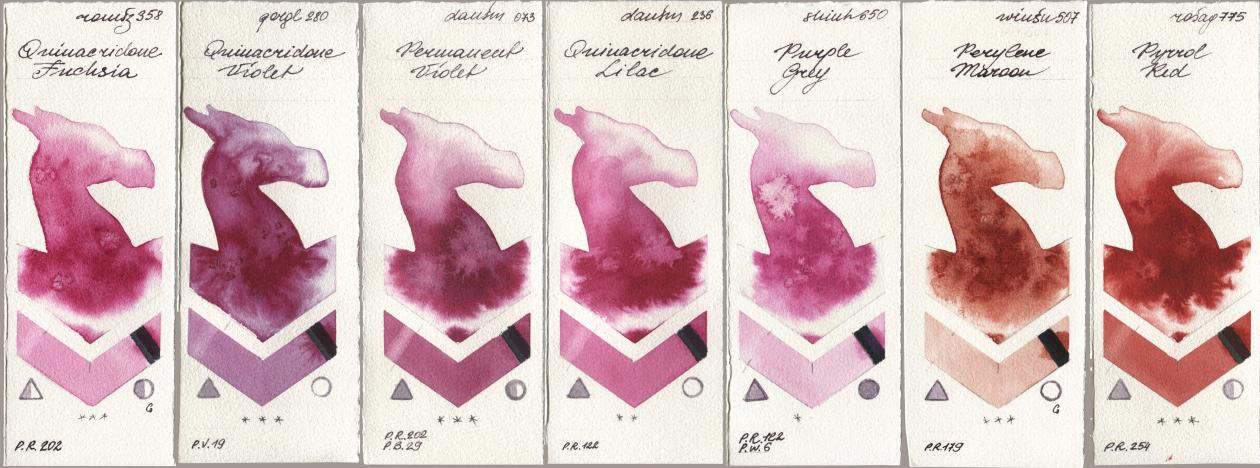 Roman Szmal Aquarius 358 Quinacridone Fuchsia, Golden QOR 280 Quinacridone Violet, Daniel Smith 073 Permanent Violet, 236 Quinacridone Lilac, Shinhan PWC 650 Purple Grey, Winsor & Newton Professional 507 Perylene Maroon, Rosa Gallery 775 Pyrrole R watercolor swatch