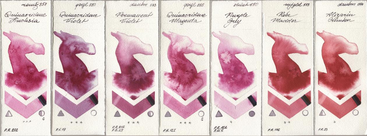 Roman Szmal Aquarius 358 Quinacridone Fuchsia, Golden QOR 280 Quinacridone Violet, Daniel Smith 073 Permanent Violet, 265 Quinacridone Magenta, Shinhan PWC 650 Purple Grey, Mijello Mission Gold 513 Rose Madder, 004 Alizarin Crims watercolor swatch