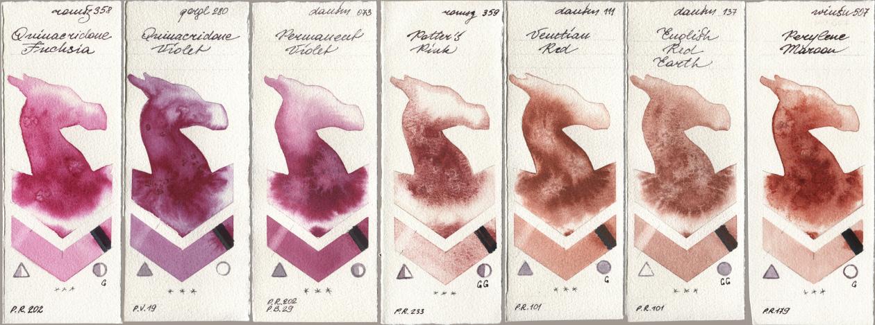 Roman Szmal Aquarius 358 Quinacridone Fuchsia, Golden QOR 280 Quinacridone Violet, Daniel Smith 073 Permanent Violet, 359 Potters Pink, 111 Venetian Red, 137 English Red Earth, Winsor & Newton Professional 507 Perylene Maro watercolor swatch