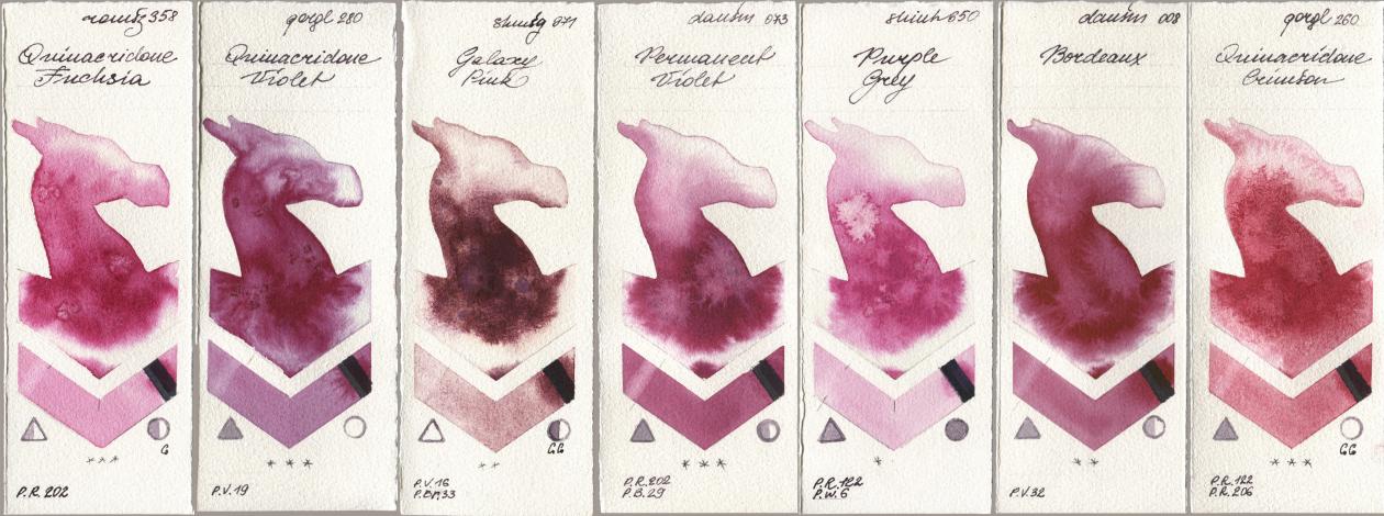 Roman Szmal Aquarius 358 Quinacridone Fuchsia, Golden QOR 280 Quinacridone Violet, Shminke Horadam Aquarell 971 Galaxy Pink, Daniel Smith 073 Permanent Violet, Shinhan PWC 650 Purple Grey, 008 Bordeaux, 260 Quinacridone Crims watercolor swatch