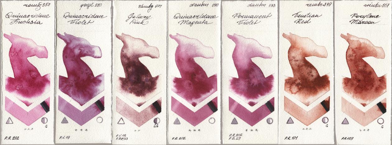 Roman Szmal Aquarius 358 Quinacridone Fuchsia, Golden QOR 280 Quinacridone Violet, Shminke Horadam Aquarell 971 Galaxy Pink, Daniel Smith 090 Quinacridone Magenta, 073 Permanent Violet, Royal Talens Rembrandt Watercolour 349 Venerian Red, Winsor & Newton Professional 507 Perylene Maro watercolor swatch