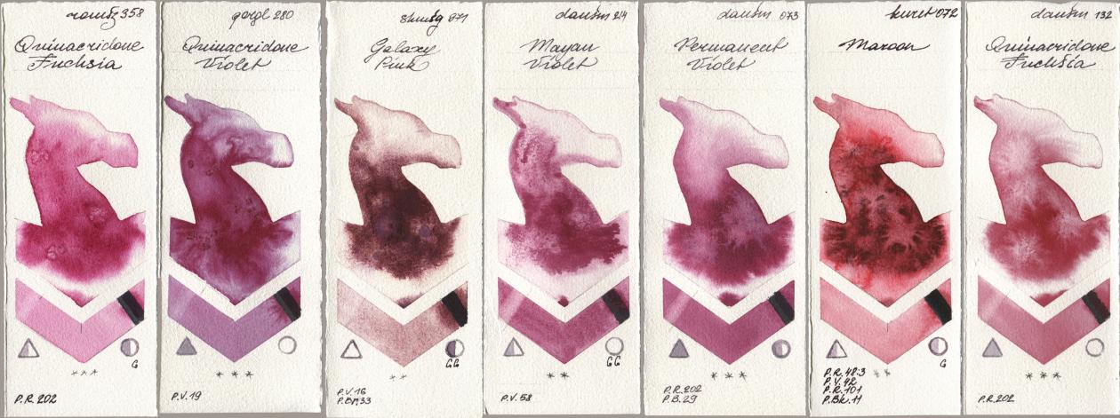 Roman Szmal Aquarius 358 Quinacridone Fuchsia, Golden QOR 280 Quinacridone Violet, Shminke Horadam Aquarell 971 Galaxy Pink, Daniel Smith 214 Mayan Violet, 073 Permanent Violet, Kuretake Gansai Tambi 072 Maroon, 132 Quinacridone Fuchs watercolor swatch