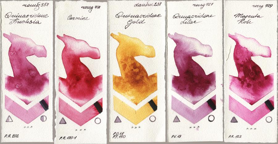 Roman Szmal Aquarius 358 Quinacridone Fuchsia vs Rosa Gallery 708 Carmine vs Daniel Smith 238 Quinacridone Gold vs 727 Quinacridone Lilac vs 709 Magenta Rose watercolor swatch