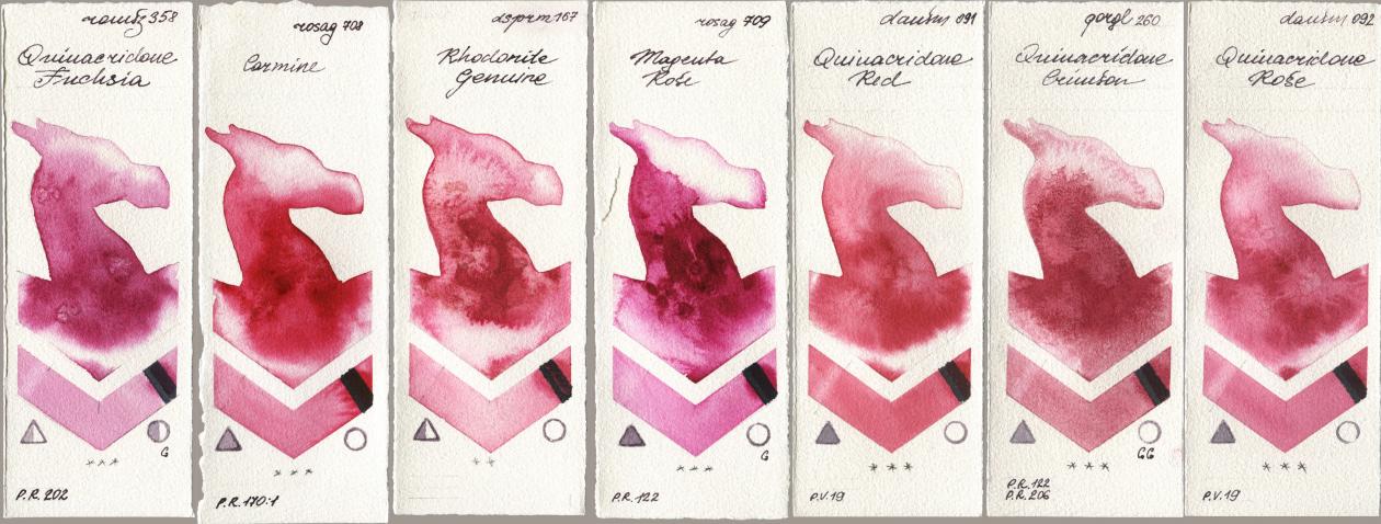 Roman Szmal Aquarius 358 Quinacridone Fuchsia, Rosa Gallery 708 Carmine, Daniel Smith 167 Rhodonite Genuine, 709 Magenta Rose, 091 Quinacridone Red, Golden QOR 260 Quinacridone Crimson, 092 Quinacridone Ro watercolor swatch
