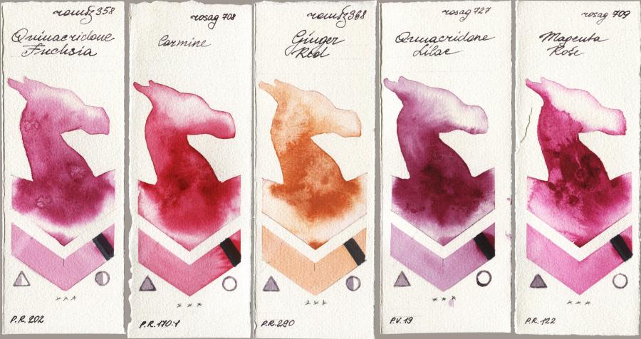 Roman Szmal Aquarius 358 Quinacridone Fuchsia vs Rosa Gallery 708 Carmine vs 368 Genger Red vs 727 Quinacridone Lilac vs 709 Magenta Rose watercolor swatch