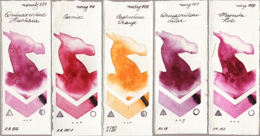 Roman Szmal Aquarius 358 Quinacridone Fuchsia vs Rosa Gallery 708 Carmine vs 705 Cadmium Orange vs 727 Quinacridone Lilac vs 709 Magenta Rose watercolor swatch