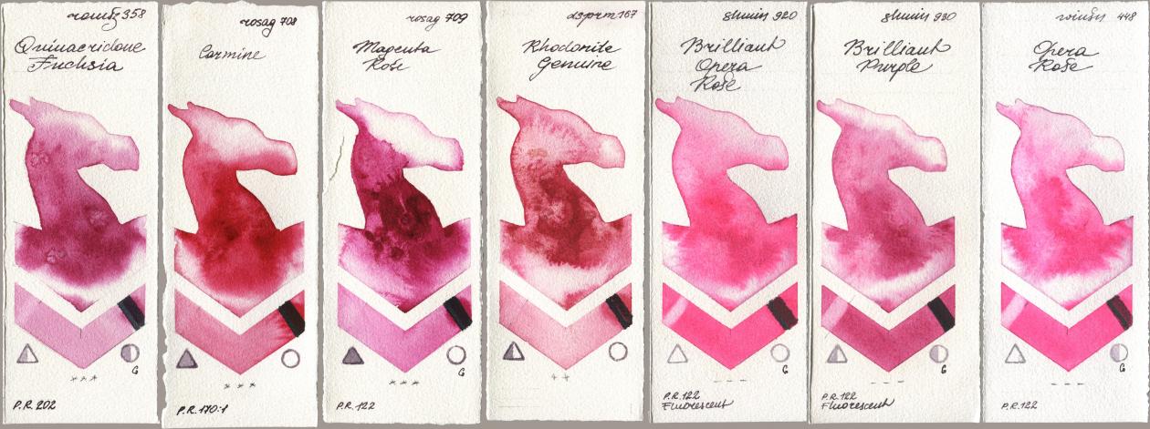 Roman Szmal Aquarius 358 Quinacridone Fuchsia, Rosa Gallery 708 Carmine, 709 Magenta Rose, Daniel Smith 167 Rhodonite Genuine, Shminke Horadam Aquarell 920 Brilliant Opera Rose, 930 Brilliant Purple, Winsor & Newton Professional 448 Opera Ro watercolor swatch