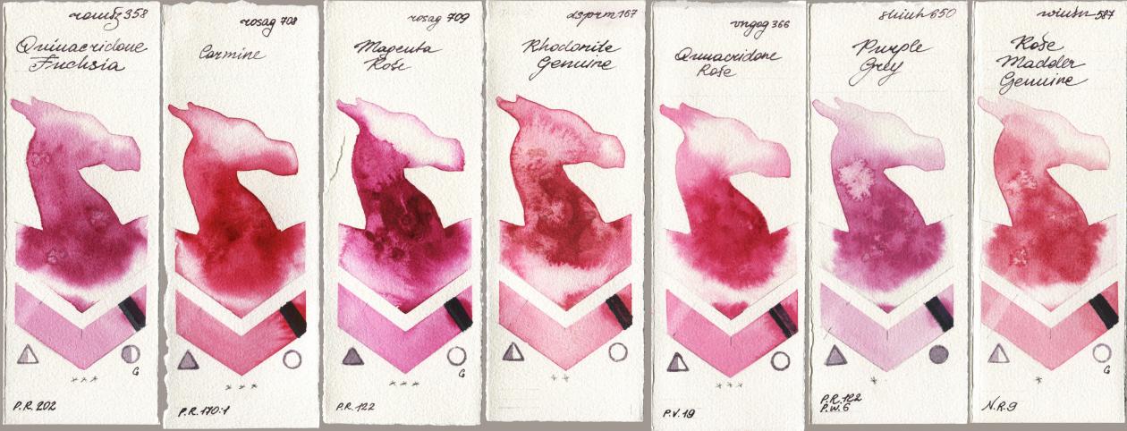 Roman Szmal Aquarius 358 Quinacridone Fuchsia, Rosa Gallery 708 Carmine, 709 Magenta Rose, Daniel Smith 167 Rhodonite Genuine, Royal Talens Van Gogh Watercolour 366 Quinacridone Rose, Shinhan PWC 650 Purple Grey, Winsor & Newton Professional 587 Rose Madder Genui watercolor swatch