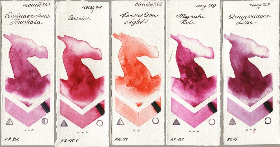 Roman Szmal Aquarius 358 Quinacridone Fuchsia vs Rosa Gallery 708 Carmine vs Shminke Horadam Aquarell 342 Vermilion Light vs 709 Magenta Rose vs 727 Quinacridone Lilac watercolor swatch